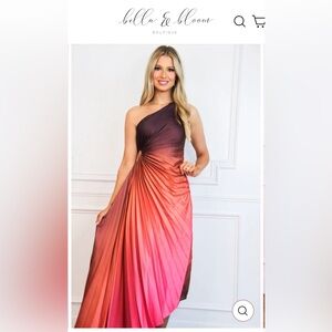 St Tropez Ombre Pleated One Shoulder Maxi Dress: Coral/Rust Multi